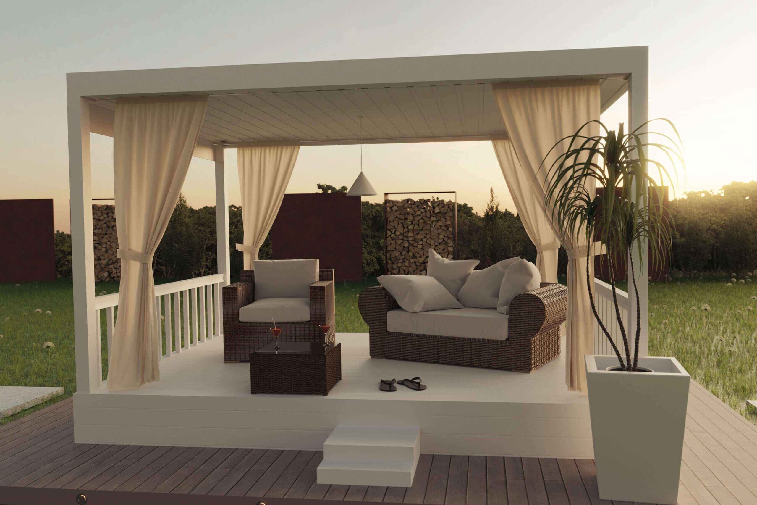 Outdoor Oase - Elegante weiße Terrasse mit Bedachung und Lounge-Möbeln.