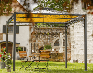 Pavillon Genua eckig in pulverbeschichteter Ausfuehrung mit Sonnensegel und Sitzecke